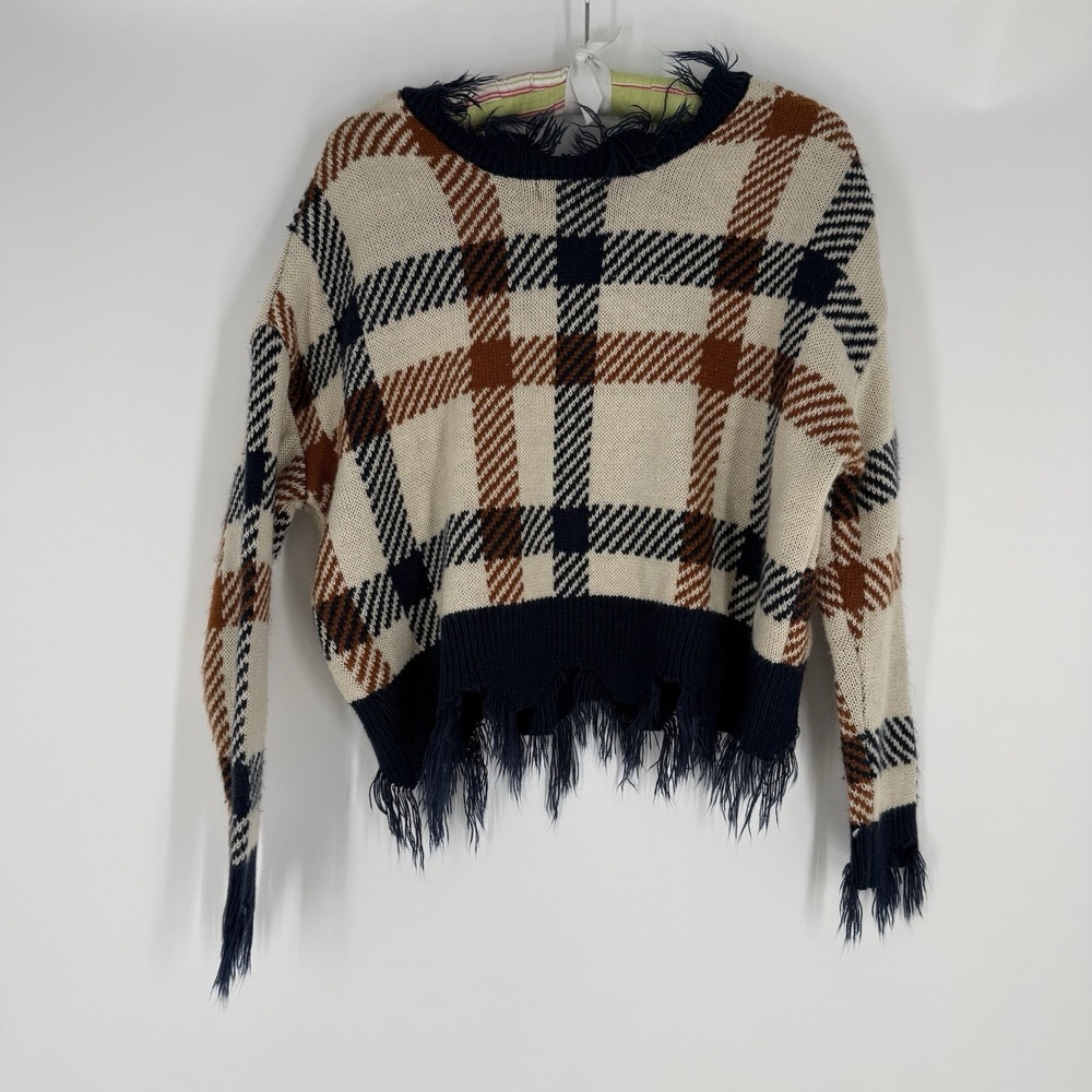 Just Polly New York Cream Navy Plaid Distressed Frayed Cropped Sweater Small - Picture 3 of 4